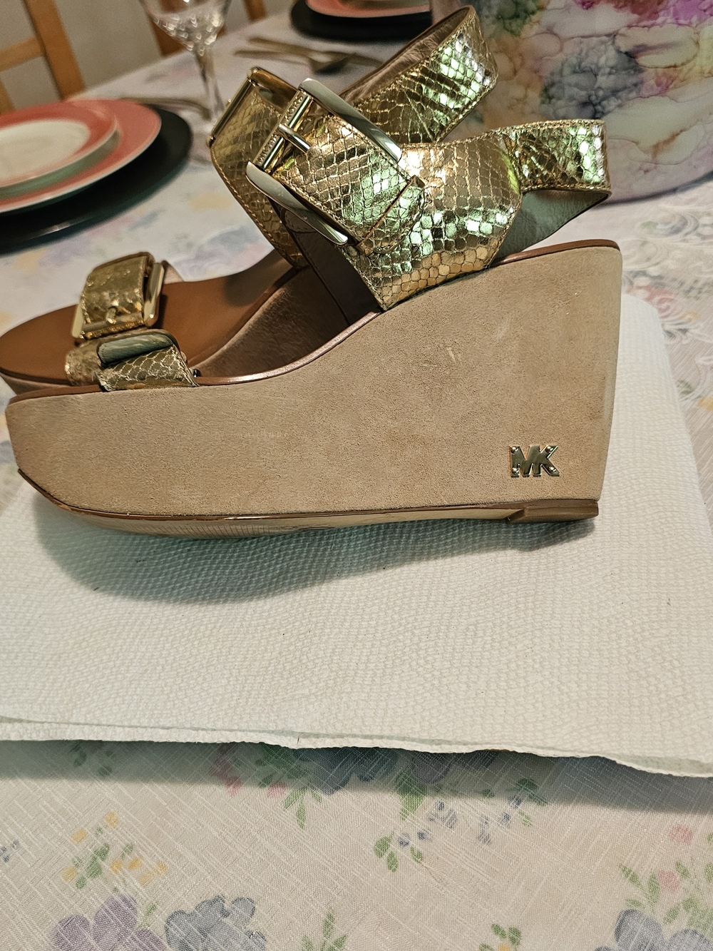 MICHAEL KORS Gold Metallic Snake-Embossed Wedge Sandals
